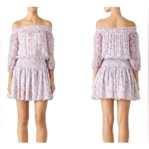 Shoshanna Rita Dress 12 Pink Floral 100%Silk Off Shoulder Coquette Cottagecore